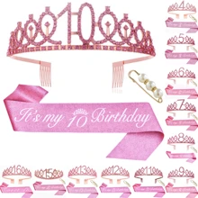 3pcs/Set Birthday Crown + Sash + Pearl Brooch, Suitable For Birthday Party, Includes Crown, Sash, And Brooch, Made Of Zinc Alloy, Available In Pink Color, For Women And Activities Decoration