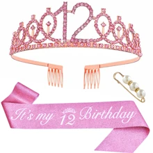 3pcs/Set Birthday Crown + Sash + Pearl Brooch, Suitable For Birthday Party, Includes Crown, Sash, And Brooch, Made Of Zinc Alloy, Available In Pink Color, For Women And Activities Decoration