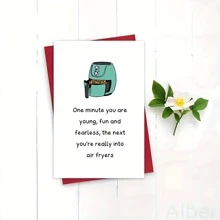1pc Humorous Air Fryer Birthday Card For Women - Teal Cartoon Design, "One Minute You Are Young" Message, Perfect For Friend Or Sister, Funny Birthday Cards School Supplies,Back To School