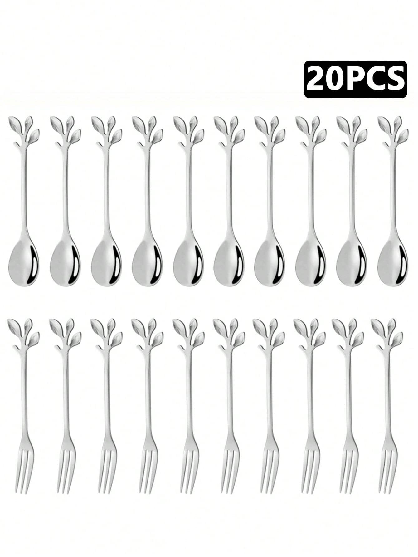 Juego de 6/10/20/50 piezas de mini tenedores y cucharas de café de acero inoxidable con diseño de hoja plateada, para aperitivos, postres y revolver, adecuado para el hogar, la cocina y el restaurante - Plateado - Ver 1