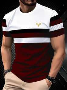 Men's Stylish 3D Printed Striped T-Shirt - Retro Round Neck Short Sleeve Casual Top, 100% Polyester, Machine Washable, All-Season Comfort Fit, Comfortable Pullover | Bold Color Contrast | Polyester Tshirt