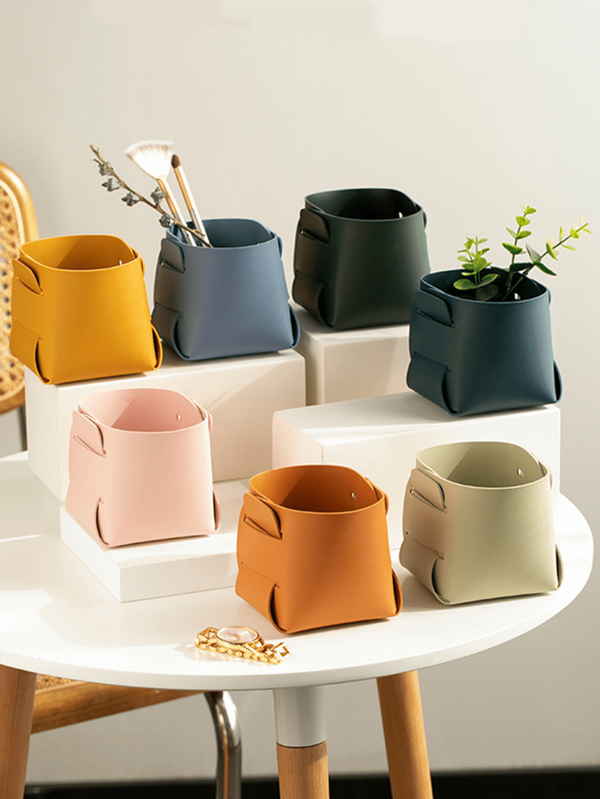 1 pieza Cesta de almacenamiento de escritorio de PU creativa, estilo minimalista europeo y americano INS, caja de almacenamiento de joyas y diversos de PU de doble cara, bolsa de almacenamiento de bolígrafo y portabolígrafos, organizador de maquillaje