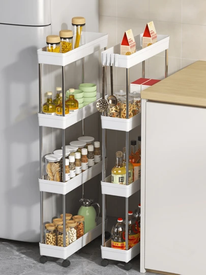 Multifunctional White Sliding Shelf Roller Cart, Hollow Drainage Multi-Layer Ultra-Thin Storage Cart, Slender Storage Cart, Rolling Storage Cart, Narrow Shelf, Bathroom Storage Rack, Kitchen, Bathroom, Laundry Room Mobile Shelf, Space Saving Organizer, Multi-Layer Floor Rack, Tower Rack For Kitchen Laundry Room And Other Narrow Spaces