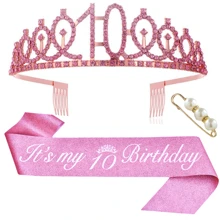 3pcs/Set Birthday Crown + Sash + Pearl Brooch, Suitable For Birthday Party, Includes Crown, Sash, And Brooch, Made Of Zinc Alloy, Available In Pink Color, For Women And Activities Decoration