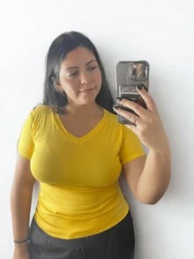 Women's V-Neck T-Shirt Plain Knit Various Colors - 芥末黃 - 查看 2