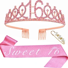 3pcs/Set Birthday Crown + Sash + Pearl Brooch, Suitable For Birthday Party, Includes Crown, Sash, And Brooch, Made Of Zinc Alloy, Available In Pink Color, For Women And Activities Decoration