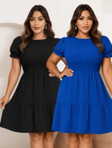 Kit 2 Women's Dresses Casual Vibrant Colors Ruffle Short Sleeves Elegant - Xanh đậm - Xem 1