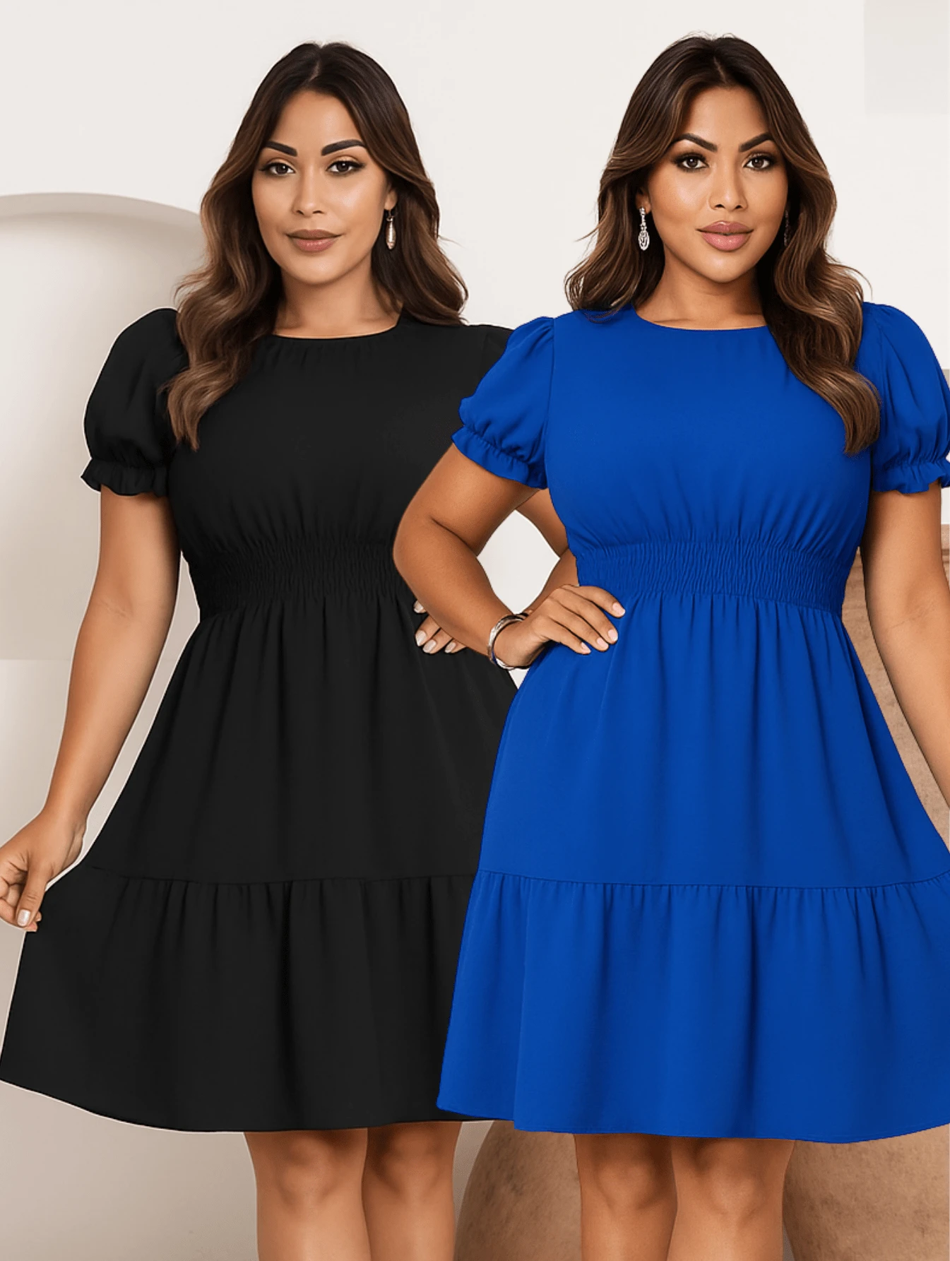 Kit 2 Women's Dresses Casual Vibrant Colors Ruffle Short Sleeves Elegant - Xanh đậm - Xem 1