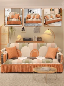 Sillón, sofá para 1, 2 o 3 personas: Funda de sofá con estampado geométrico y falda. Funda elástica para sofá. Protector de muebles lavable y antideslizante. Suave cubierta para sala de estar. - Naranja - Ver 1
