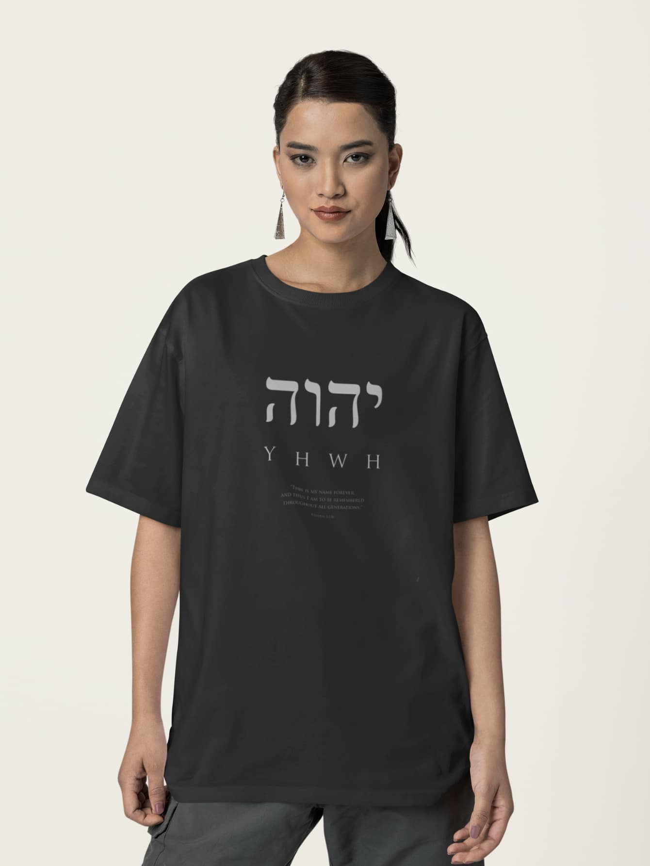 T-Shirt Oversized Christian Shirt Round Neck Women's Urban Style Streetwear Printed Front - Lumo - YHWH - 黑色 - 查看 1
