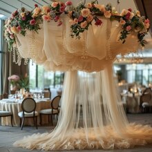 1 件浪漫婚礼天花板/椅背装饰香槟色透明薄纱面料，适用于户外婚礼、椅子装饰、甜点桌装饰、婚礼背景、室内外仪式、小屋装修、天花板悬挂、过道装饰、签到板装饰、走廊装饰，柔软薄纱面料，尺寸 300-1600 厘米可选 - 香檳色 - 查看 2