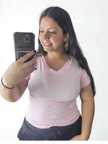 Women's V-Neck T-Shirt Plain Knit Various Colors - 淺粉色 - 查看 2