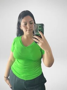 Women's V-Neck T-Shirt Plain Knit Various Colors - 綠色 - 查看 2