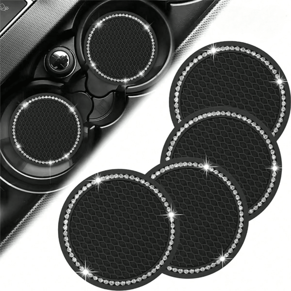 1/2pcs Car Cup Coaster, Bling Cup Holder Insert Coasters,Universal Auto Non-Slip Cup Holder Embedded In Ornaments Silicone Coaster, Car Interior Accessories Mat,7cm/2.75 Inch Soft Crystal Rhinestone Rubber Pad Set Round Auto Drink Coaster Car Interior Accessories