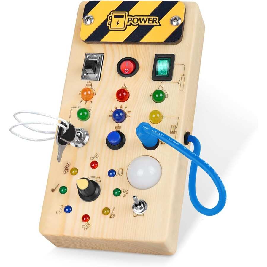 Montessori - Tabla ocupada para niños pequeños, tabla ocupada de madera para bebés con 8 interruptores de luz LED, juguetes sensoriales con interruptor de luz, juguetes de viaje para bebés y niños - Amarillo - Ver 1