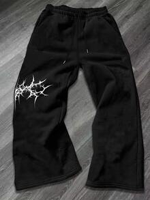 1pc Casual Loose Fit Summer Wide Leg Sweatpants With Front & Back Graphic, Street Style - Black - View 2