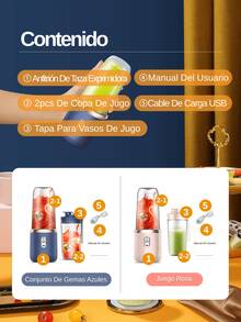 LEVIATECH 1 pieza Licuadora eléctrica inalámbrica y portátil de 400ml, mezclador de jugo de frutas mini recargable por USB con 6 cuchillas y doble vaso, multiusos para procesar alimentos en el hogar o al aire libre, ideal para extraer vegetales, frutas y hacer batidos. - Multicolor - Ver 6