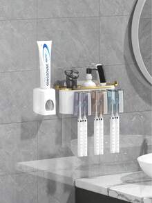 1 Set Toothbrush Holder With 2/3/4 Cups And 1 Toothpaste Dispenser, Creative Wall-Mounted Bathroom Storage Rack, Convenient For Brushing Teeth And Storage. Cup Colors (Gray, Blue, Purple, Pink, Yellow) Are Random And May Slightly Differ From Rendering, Which Is Normal. Home Bathroom Decor, Autumn Decor, Back To School Season - Multicolor - View 6
