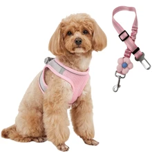 Pet Harness And Leash Set, Soft Mesh Vest Harness With Adjustable Elastic Leash For Car, Small Dogs And Cats, Compatible With Car Seat Belts, With Reflective Stripes