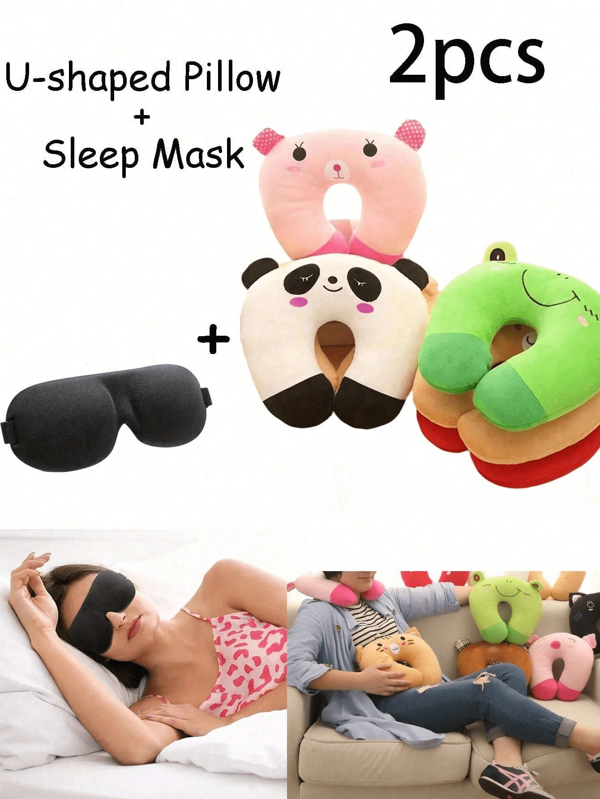 2pcs/Set U-Shaped Pillow+Sleep Mask, Kawaii Cute Cartoon Animal Print Soft And Comfortable Pillow, For Home Travel Airplane Car,Men And Women, Suitable Side Sleeper,Cute Animal Printed Pillow, Neck Support Cushion