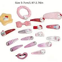 Sanrio 15件套三丽鸥Hello Kitty粉色发夹套装，可爱毛绒猫嘴发夹，日式侧边发饰，情人节礼物，KT猫咪头饰返校发型