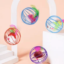 Brinquedo Interativo Para Gatos Gaiola Bola Arame Resinado Colorido Com Camundongo Rato Dentro Tamanho 6Cm Com Som