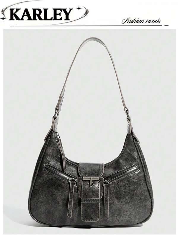 1pc Solid Color Pu Leather Women's, Waterproof, British Retro Style Bag, Suitable For Girls, Women, Students, Newcomers At Workplace, White Collar, Commute And School Outings, Niche Design, Steampunk, Gothic, Y2K Shoulder Bag For Women, Cool Girls Street Wear, Perfect For Music Festival, Rock Style Bag For Women, Tready Crescent Moon Bag For Women, 2000s Fashion Style Bag For Women