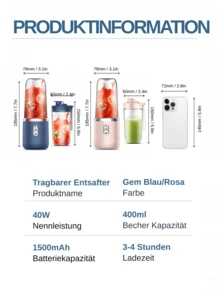 LEVIATECH 1 Stück 400ml kabelloser tragbarer elektrischer Entsafter Mixer, USB aufladbarer Mini Frucht Saft Mixer mit 6 Klingen und doppelten Bechern, Multifunktions Entsafter Mixer, geeignet für Zuhause oder Outdoor Küche Lebensmittelverarbeitung, hervorragend zum Extrahieren von Gemüse, Obst und Smoothies zubereiten. - Verschiedenfarbig - Übersicht 7