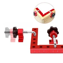 Un set de 140 mm de abrazadera de posicionamiento de aleación de aluminio de 90 grados, abrazadera de ángulo recto, herramienta de carpintería para marcos de cuadros, cajas, gabinetes y cajones, un set de 3 piezas (1 abrazadera de esquina y 2 soportes de montaje)