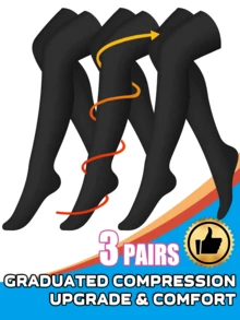 3双装男女通用压缩袜，及膝专业压缩袜，适合运动、跑步、骑行、徒步、旅行和长时间站立，也适合健身穿着。 - 黑色 - 查看 1