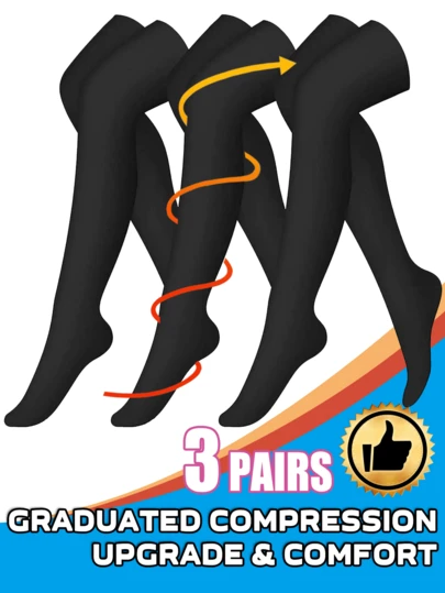 3双装男女通用压缩袜，及膝专业压缩袜，适合运动、跑步、骑行、徒步、旅行和长时间站立，也适合健身穿着。