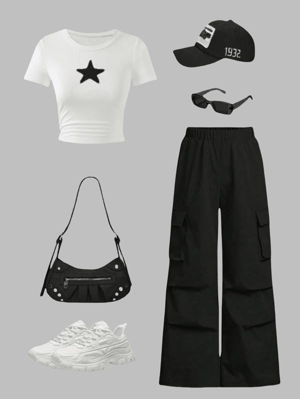 Two Pieces Girl Short-Sleeved Star Printed T-Shirt In Big Children Girl Work Pants Two Pieces Set