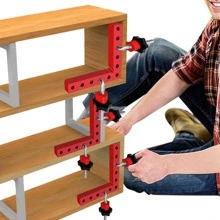 Un set de 140 mm de abrazadera de posicionamiento de aleación de aluminio de 90 grados, abrazadera de ángulo recto, herramienta de carpintería para marcos de cuadros, cajas, gabinetes y cajones, un set de 3 piezas (1 abrazadera de esquina y 2 soportes de montaje)