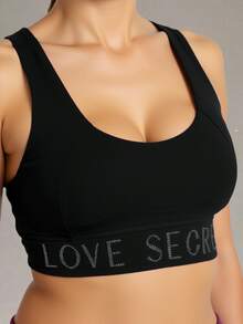 Top deportivo, cómodo tejido de punto de alta densidad, con letras de brillo - Negro - Ver 3