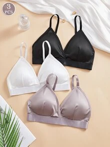 3PCS Women's Summer French Triangle Cup Silk Bra With No Underwire, Detachable Chest Pads, Adjustable Shoulder Straps, Casual Minimalist, Everyday Versatile Solid Color Deep V Bra - Multicolor - View 2