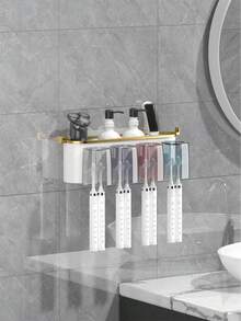 1 Set Toothbrush Holder With 2/3/4 Cups And 1 Toothpaste Dispenser, Creative Wall-Mounted Bathroom Storage Rack, Convenient For Brushing Teeth And Storage. Cup Colors (Gray, Blue, Purple, Pink, Yellow) Are Random And May Slightly Differ From Rendering, Which Is Normal. Home Bathroom Decor, Autumn Decor, Back To School Season - Multicolor - View 8