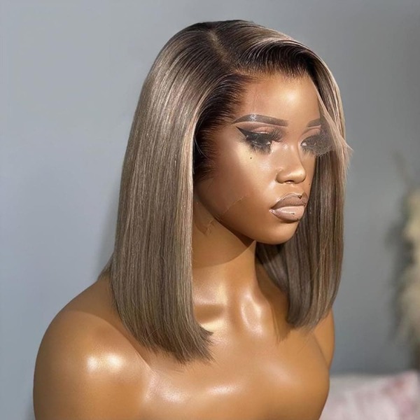 Mscathy 12-14inch 180% Density Unisex Adult Straight Hair 13x4 Lace Front Human Hair Wigs, Ash Blonde Colored, HD Transparent, High Density, Natural Looking Highlight, For Women, Daily & Party