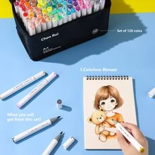 Set de markere de artă cu vârf dublu 168/120/100/80/60/48 de culori, markere portabile durabile cu geantă de depozitare, rechizite de artă potrivite pentru colorat și pictat adulți sau studenți - Alb-negru - Vizualizare 3