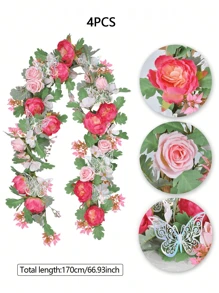 1PC/4PCS Artificial Rose Vine False Wreath Peony Rose Butterfly Hanging Vine Suitable For Wedding Party Background Arched Garden Background Decoration Pink