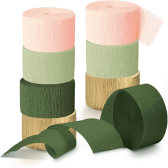 8 Rolls Moss Gray-Green And Pink Chiffon Ribbons, 86ft, For Boho Wedding, Engagement Party, Spring Party, Birthday Party Decoration