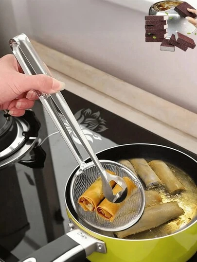 1 pieza Espumadera y clip de acero inoxidable para escurrir el aceite - Espumadera resistente al calor para escurrir alimentos fritos como papas fritas, nuggets de pollo, muslos de pollo, tiras de pollo, calamares, albóndigas, tocino, patatas, camarones, cerdo crujiente, filetes de pescado, primavera, donuts, maní, rodajas de raíz de loto, rodajas de berenjena, tofu apestoso