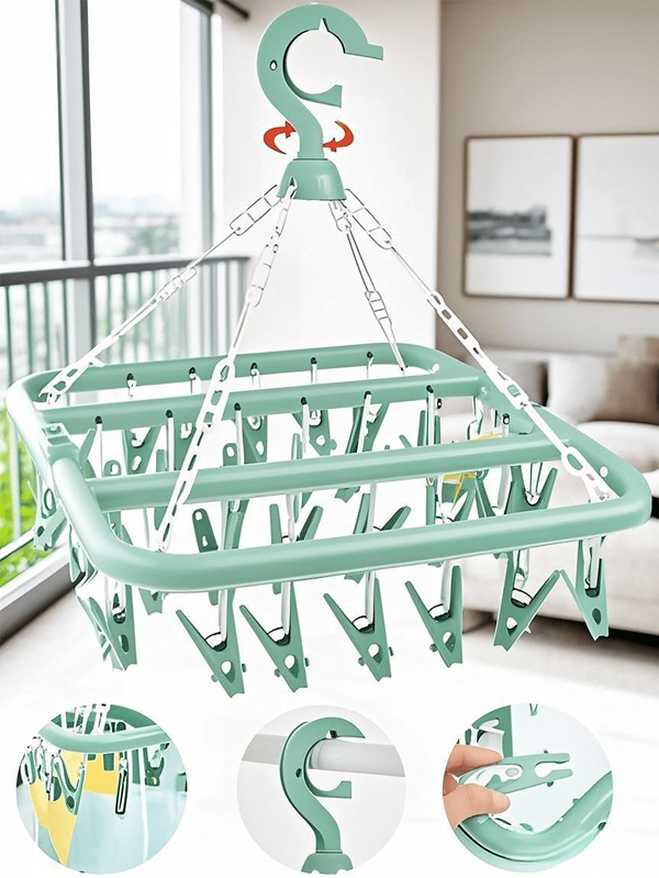 Socks Drying Rack, Clothes Hanger With 32 Clips, Indoor And Outdoor Clothes Hanger, Foldable Rotating Clothes Drying Rack, Suitable For Underwear, Socks, Small Pieces Of Clothing, Outdoor And Balcony Use - Space-Saving, No Power Supply Hanging Clothesline,Clothing Rack,Laundry Room