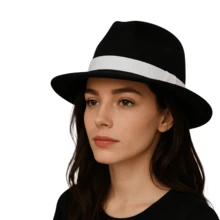Traditional Elegant Black Fedora Hat With White Ribbon - Đen - Xem 2