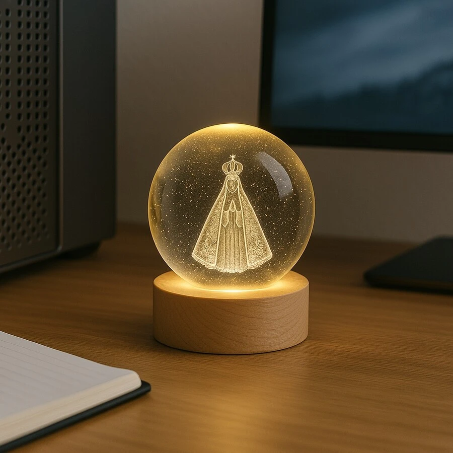 Our Lady Of Aparecida 3D Crystal Ball Table Lamp With Wooden Base And USB LED Light - Beis - Ver 1