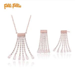 Folli Follie Conjunto de collar y pendientes para mujer, con flecos de cristal y borlas, conjunto de joyería nupcial, collar y pendientes para mujer, oro rosa.