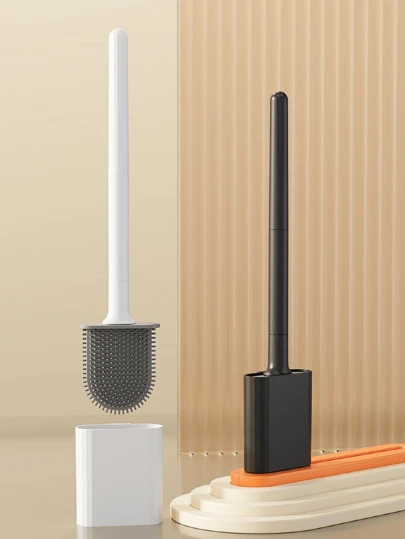 1pc Soft Rubber Toilet Brush, Bathroom Cleaning Brush, Crevice Cleaning Brush, Detachable Handle, Space Saving, Wall Mounted