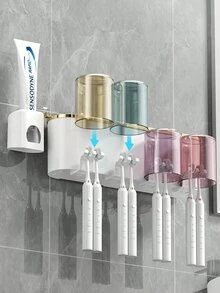 1 Set Toothbrush Holder With 2/3/4 Cups And 1 Toothpaste Dispenser, Creative Wall-Mounted Bathroom Storage Rack, Convenient For Brushing Teeth And Storage. Cup Colors (Gray, Blue, Purple, Pink, Yellow) Are Random And May Slightly Differ From Rendering, Which Is Normal. Home Bathroom Decor, Autumn Decor, Back To School Season - Multicolor - View 7