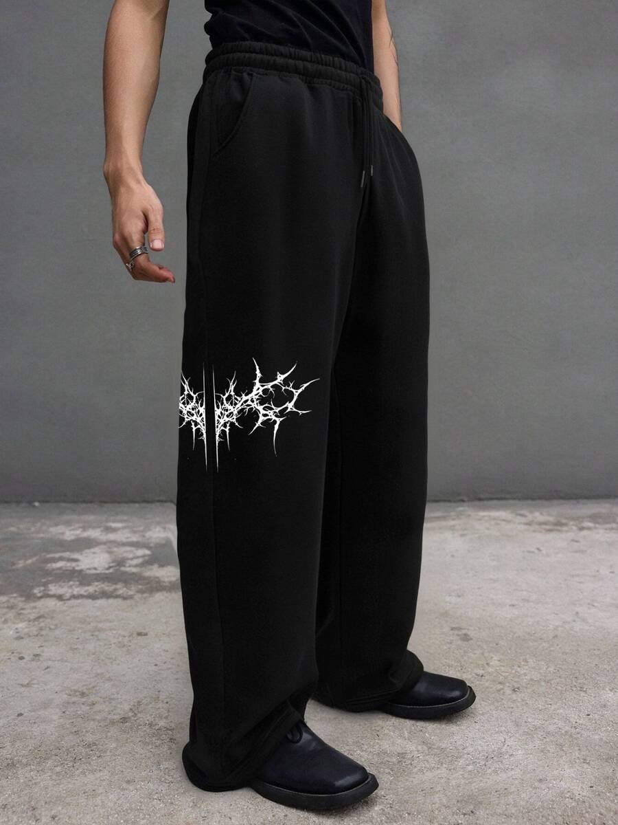 1pc Casual Loose Fit Summer Wide Leg Sweatpants With Front & Back Graphic, Street Style - Black - View 1