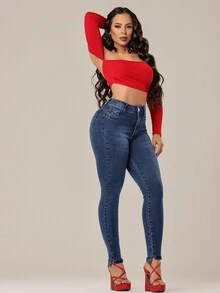 KMAROT JEANS Women's High Waist Jeans With Detail On The Hem With Lycra Power - 藍白色 - 查看 7