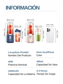 LEVIATECH 1 pieza Licuadora eléctrica inalámbrica y portátil de 400ml, mezclador de jugo de frutas mini recargable por USB con 6 cuchillas y doble vaso, multiusos para procesar alimentos en el hogar o al aire libre, ideal para extraer vegetales, frutas y hacer batidos. - Multicolor - Ver 7
